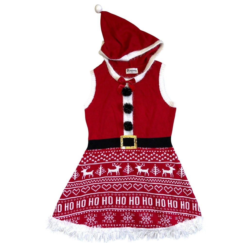 No Boundaries Sweater Dress Women M Red Hooded Reindeer Fair Isle Santa Costume
